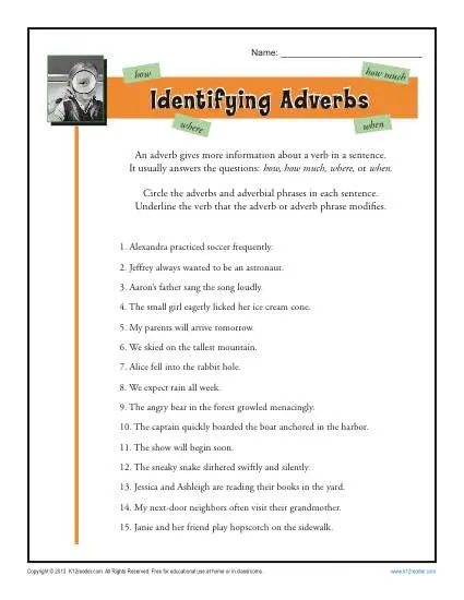 Algebra worksheet for Third Grade Adverb Detectives to the Rescue worksheet for third graders focusing on adverbs while solving a mystery. Engaging image showcasing the fun and educational activity of filling in adverbs.