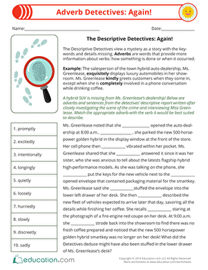 A fun activity for mastering adverbs while solving a ruby necklace mystery Adverb Detectives to the Rescue worksheet featuring a mystery theme for third graders