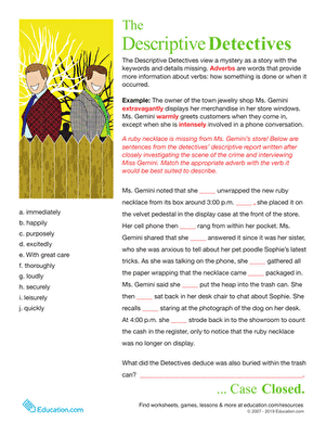 Engaging third-grade algebra activity where students assist detectives in finding a lost ruby necklace Adverb Detectives to the Rescue worksheet featuring a fun mystery to solve with adverbs