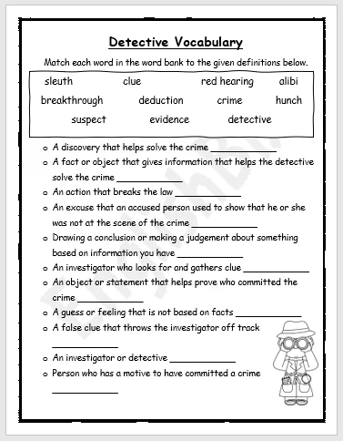 Adverb Detectives to the Rescue worksheet for third graders solving a mystery Worksheet featuring Adverb Detectives on a mission to find a missing ruby necklace