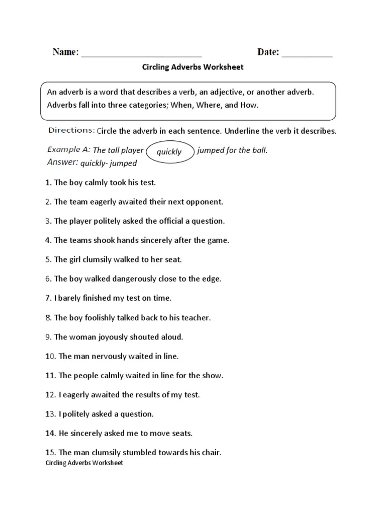 Second grade science worksheet for identifying adverbs in 10 sentences
