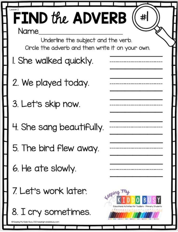 A second grade life science worksheet where students practice identifying and circling adverbs in ten sentences