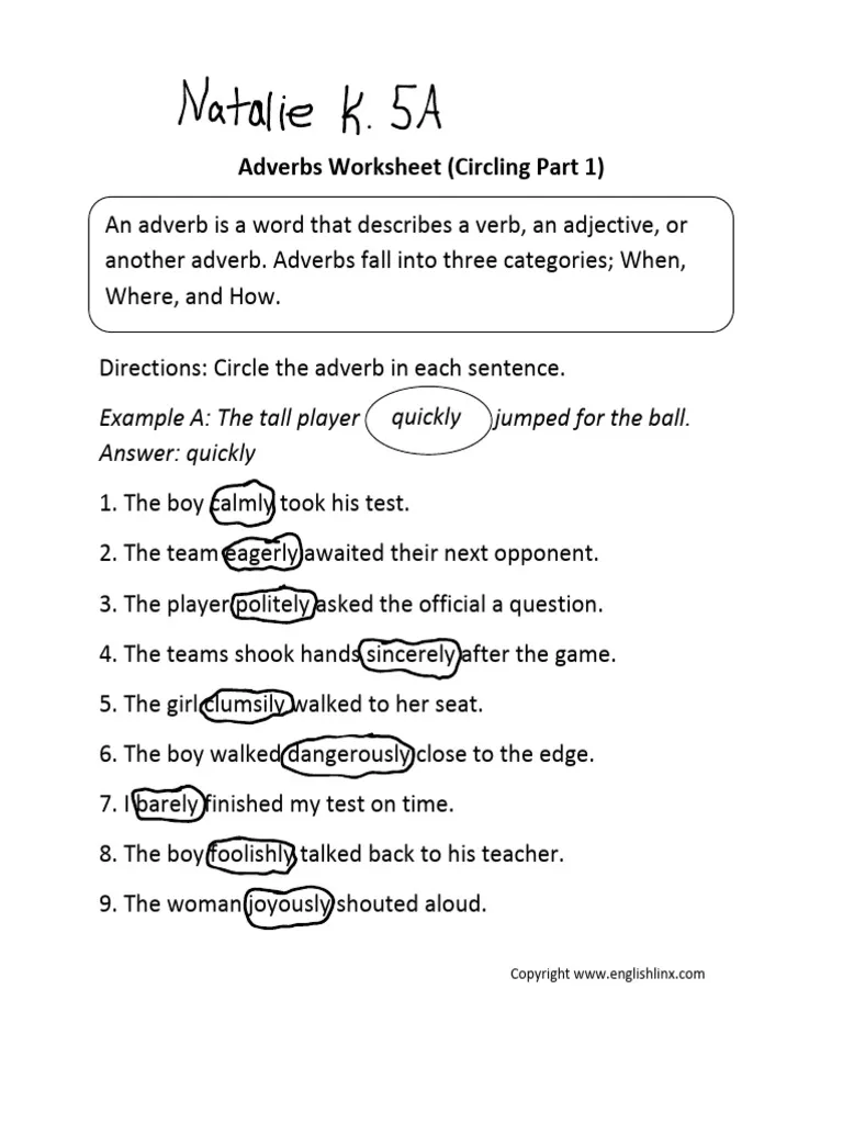 Second grade students circling adverbs in sentences on a grammar worksheet activity