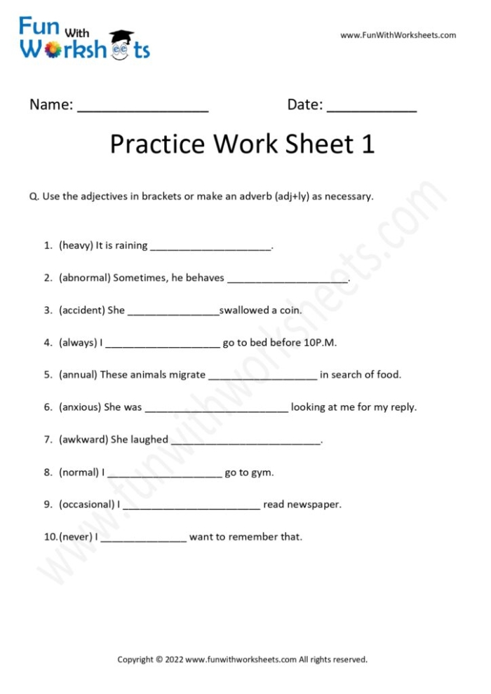 Third grade adverb worksheet helping students master parts of speech with engaging exercises Adverb practice worksheet for third graders focusing on identifying and using adverbs in sentences