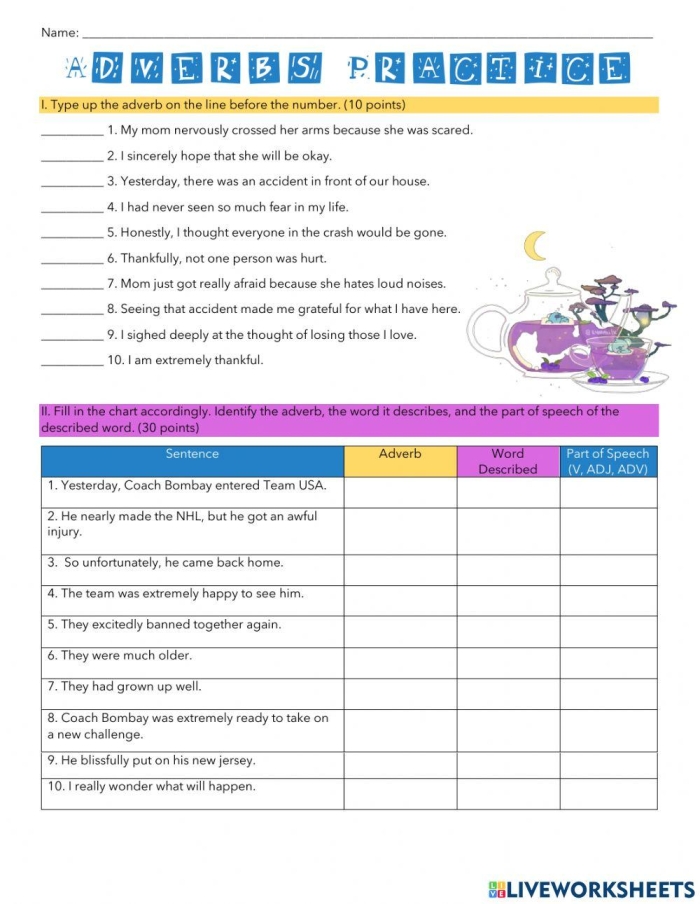Engaging worksheet to enhance grammar skills through adverb exercises Adverb practice worksheet for third graders focusing on identifying and using adverbs in sentences