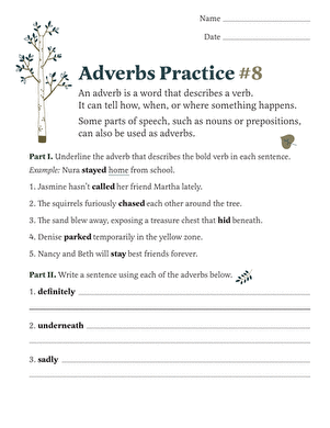 Adverb practice sheet for enhancing grammar skills in elementary students Adverb practice worksheet for third graders focusing on identifying and using adverbs in sentences