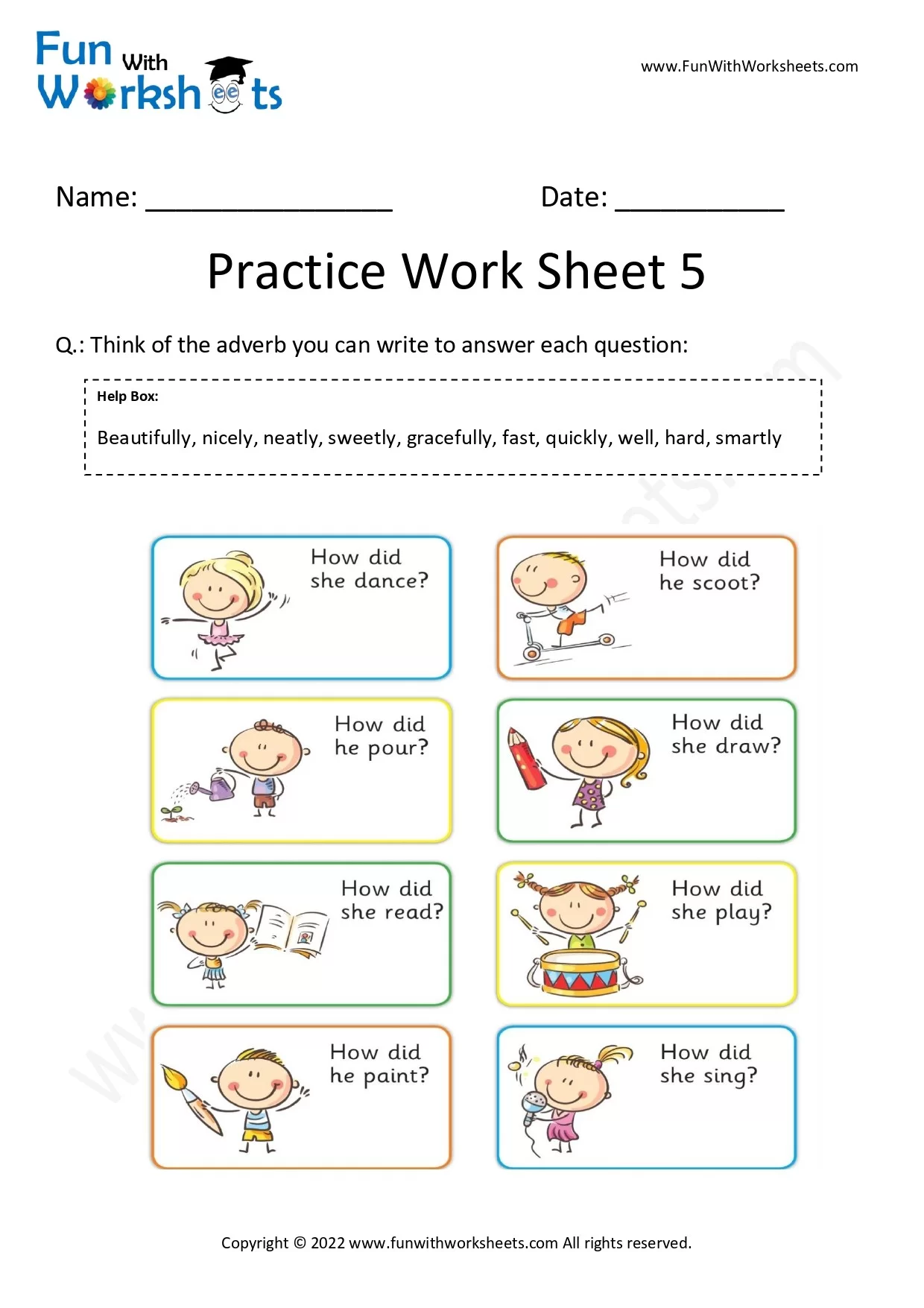 Worksheet image illustrating adverb exercises for enhanced grammar skills in young learners Adverb practice worksheet for third graders focusing on identifying and using adverbs in sentences