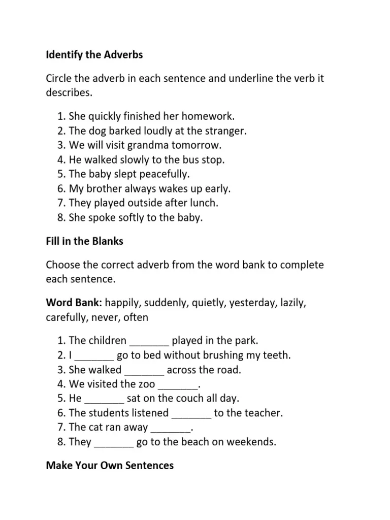 Educational resource featuring examples of adverbs for young learners Types of adverbs handout worksheet for third-grade geography students