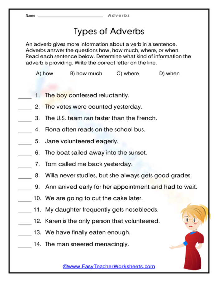Types of Adverbs Handout for Third Grade Students Worksheet displaying various types of adverbs for third graders in geography class