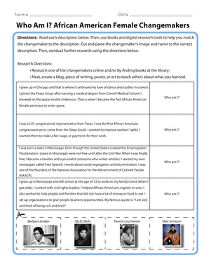 Third grade worksheet featuring African American female changemakers with fill-in-the-blank activity for students to identify influential women in history