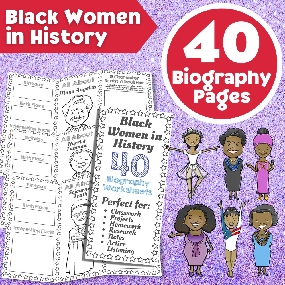 Third grade worksheet featuring African American female changemakers with fill-in-the-blank activities and pattern recognition exercises