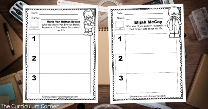 Fourth grade worksheet featuring brief biographies of famous African American inventors for figurative language practice