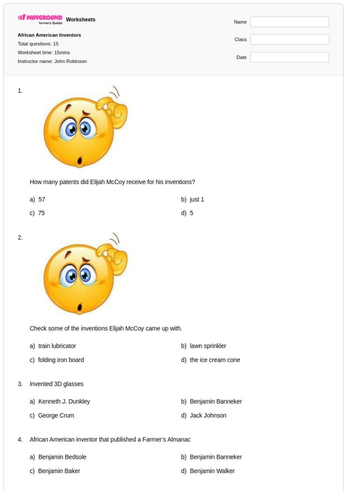 Fourth grade African American inventors worksheet featuring famous historical figures and matching exercises