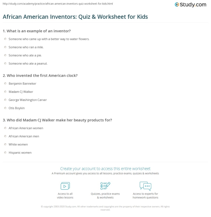 Fourth grade worksheet featuring a biographical reading passage about significant African American inventors
