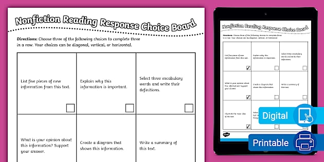 Engaging worksheet for sixth graders to express their understanding and ideas After-Reading Response Choice Board for Informational Text in Life Science