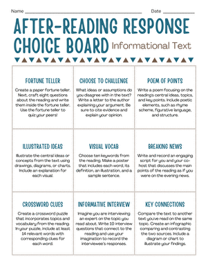 After-Reading Response Choice Board for Informational Text Worksheet Interactive choice board for after-reading responses in sixth-grade life science