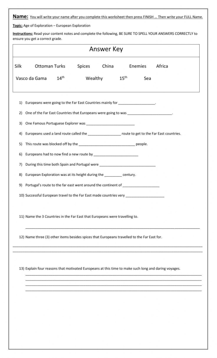 Sixth grade social studies worksheet featuring famous figures from the Age of European Exploration