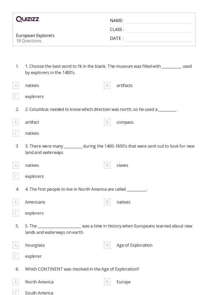 Sixth grade students completing a Name That Explorer worksheet activity about the Age of European Exploration