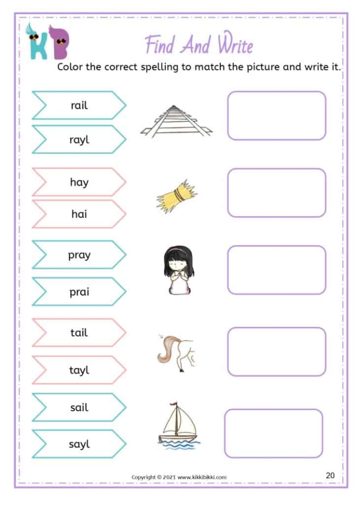 Sounding It Out Ai Vowel Pair Worksheet Number 13 First grade student completing a Sounding It Out Ai Vowel Pair writing worksheet