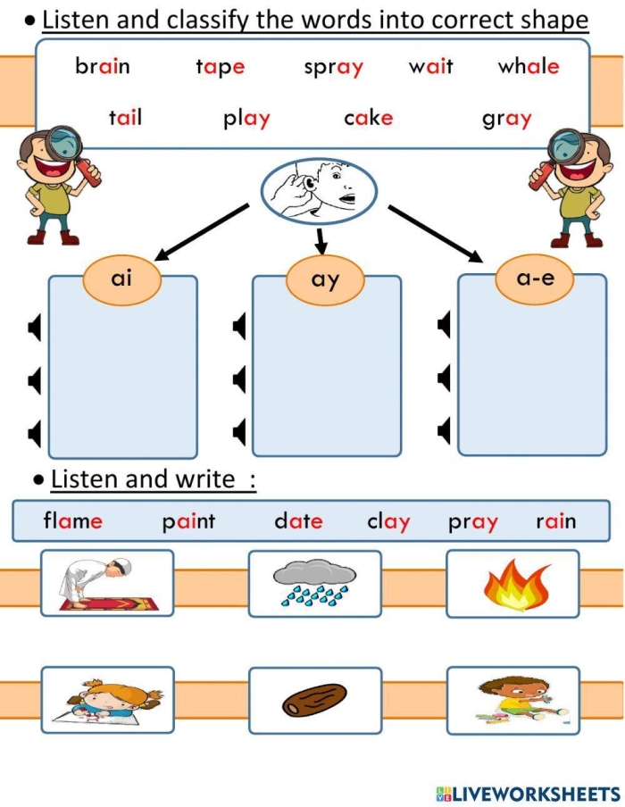 Sounding It Out Ai Vowel Pair Learning Activity Page 20 First grade worksheet showing ai vowel pair words with writing activities and illustrations for phonics practice