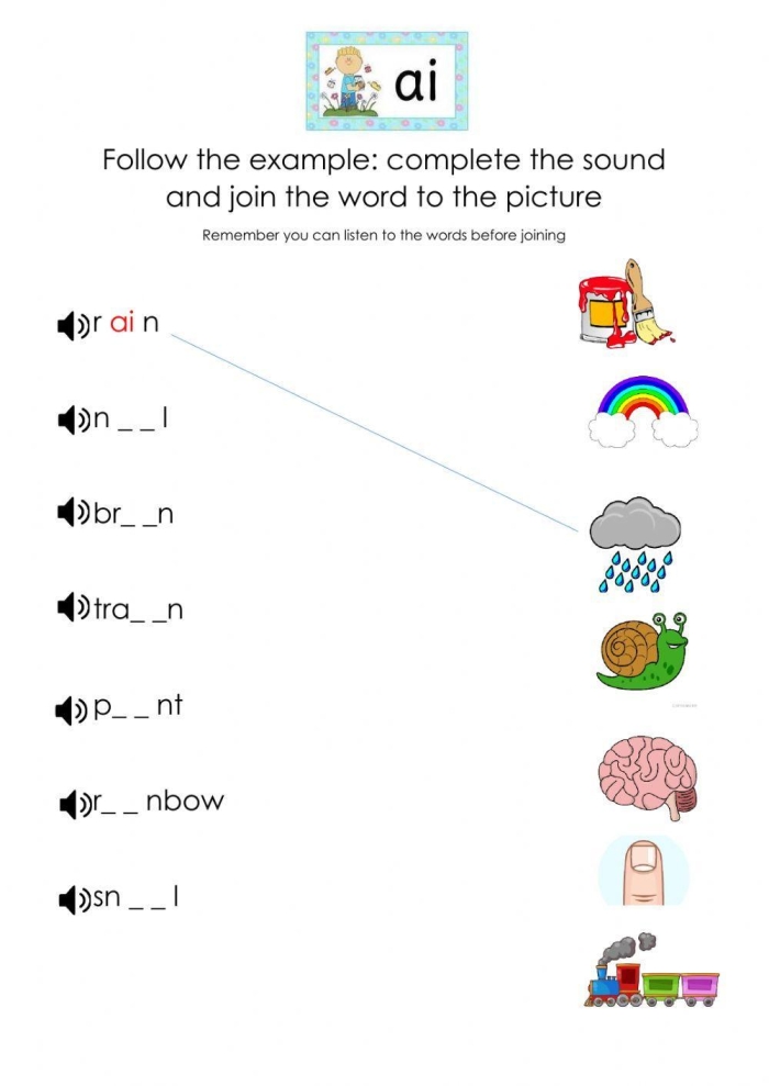 Sounding It Out AI Vowel Pair Worksheet 7 First grade student completing a writing exercise on the ai vowel pair