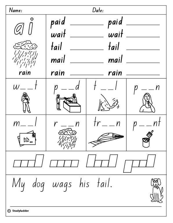 Sounding It Out ai Vowel Pair Worksheet 19 First grade student completing a writing worksheet about the ai vowel pair