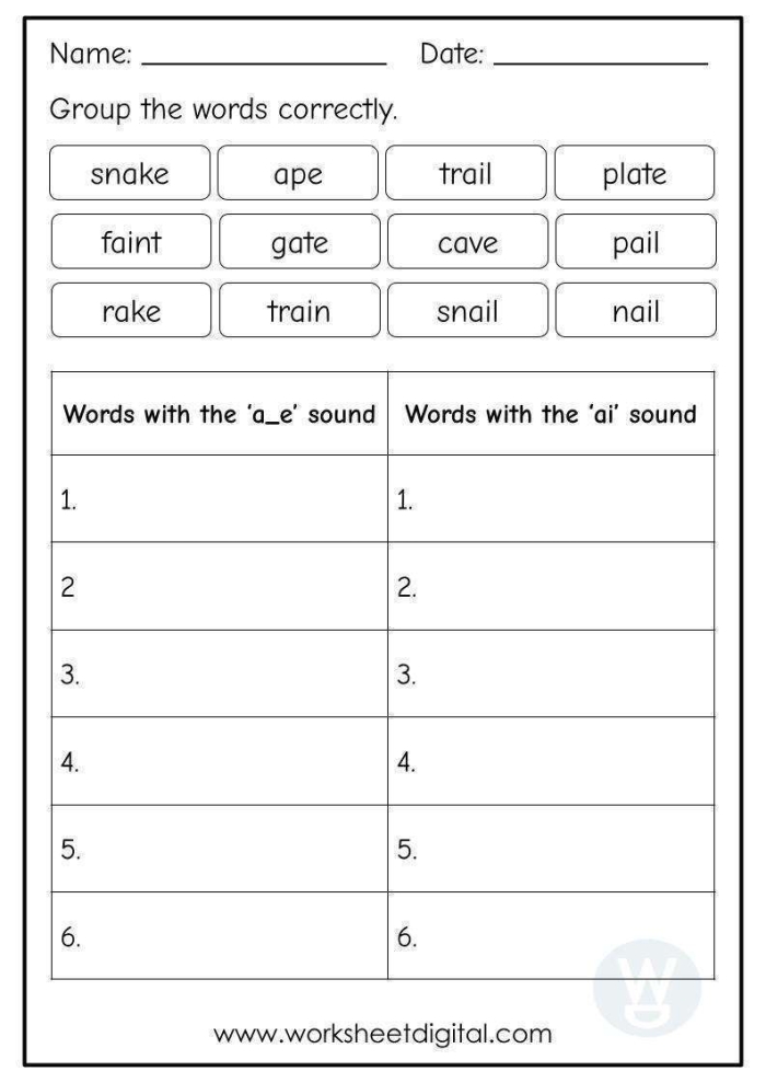 Ai vowel pair writing practice exercise for beginning readers First grade student practicing ai vowel pair words with writing activities on a worksheet