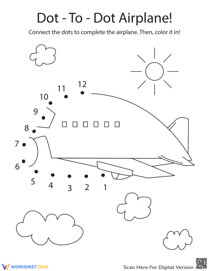 Airplane Dot-to-Dot Activity Page for Pre-K Sight Word Practice Preschool student working on an airplane dot-to-dot worksheet featuring letters A through Z