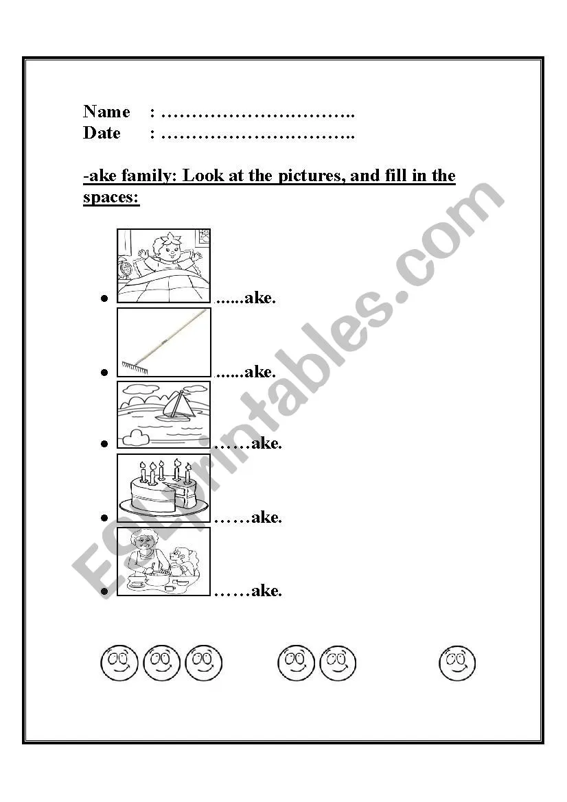 Worksheet featuring the "-ake" word family for Pre-K kids to trace and identify words. Engaging activities to help young learners master "-ake" sight words.