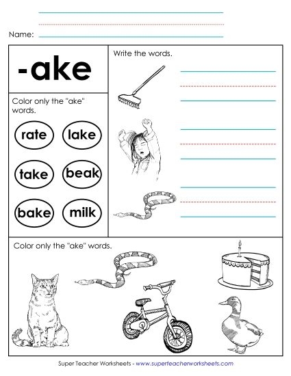 Worksheet featuring the "-ake" word family for Pre-K students to trace and identify related words