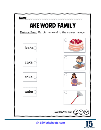Colorful worksheet featuring the "-ake" word family for Pre-K students to trace and identify words. Engaging activity to enhance writing skills with the "-ake" family words.