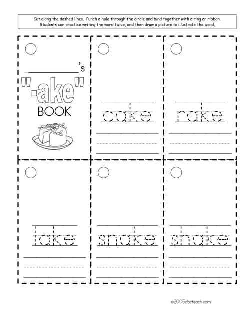 Pre-K worksheet page featuring tracing exercises and a word search for the -ake word family