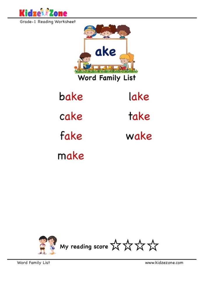 Preschool "-ake" word family worksheet for tracing and identifying sight words