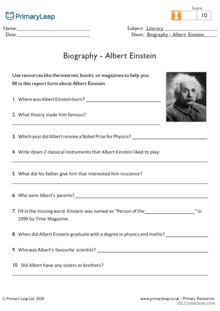 Introduction to Albert Einstein: Vocabulary Worksheet for Fourth Grade Students An educational worksheet featuring a mini biography of physicist Albert Einstein for fourth graders