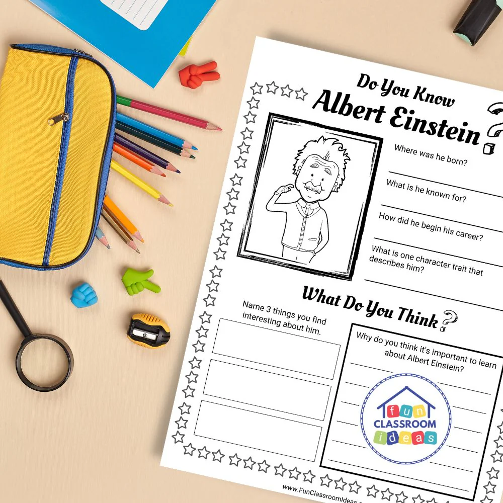 An engaging introduction to theoretical physics and vocabulary related to Einstein Mini biography worksheet on physicist Albert Einstein for fourth graders