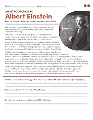 An Introduction to Albert Einstein Worksheet 21 A fourth grade worksheet featuring a biography of Albert Einstein for vocabulary development