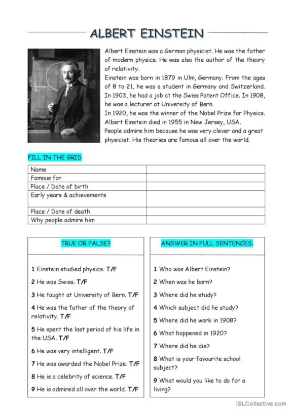 An engaging mini biography of Albert Einstein designed for young learners A colorful worksheet introducing fourth graders to physicist Albert Einstein and basic theoretical physics concepts