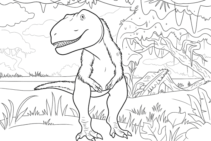 First grade worksheet showing a friendly Albertosaurus dinosaur to color