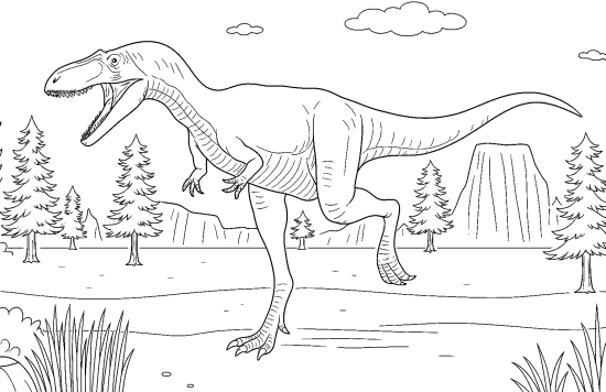 Coloring worksheet featuring the Albertosaurus for first graders learning about dinosaurs