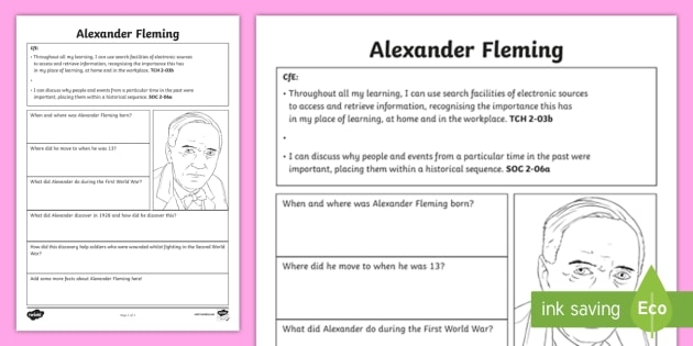 Third grade science worksheet featuring an illustration of Alexander Fleming discovering penicillin