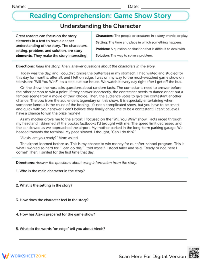 Third grade reading comprehension worksheet featuring a story about Alexis and a game show
