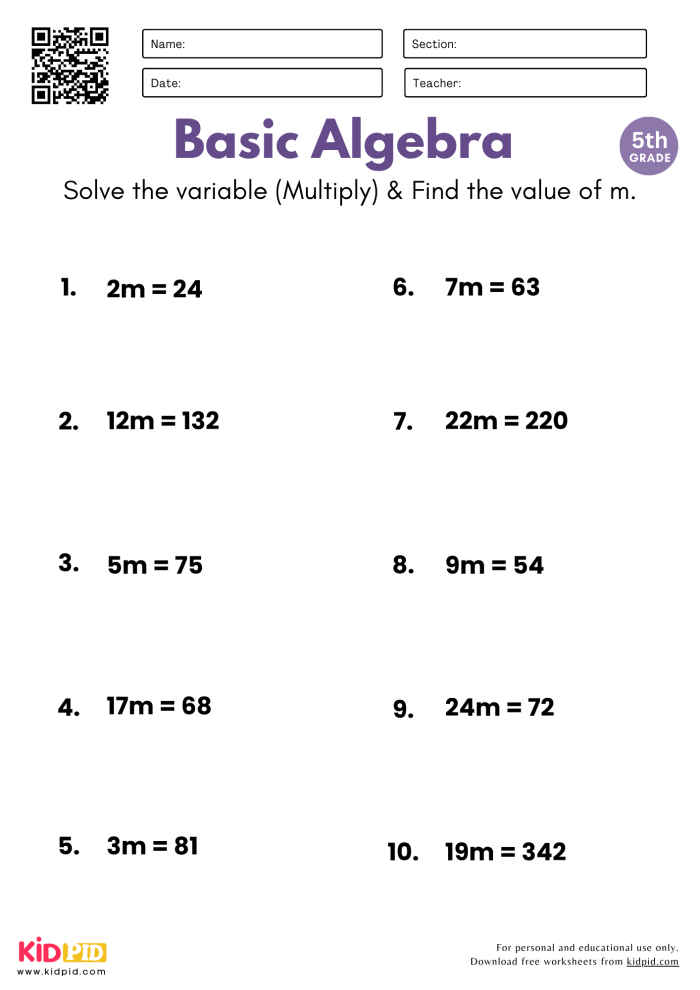 Algebra for Beginners worksheet featuring spooky witch-themed equations