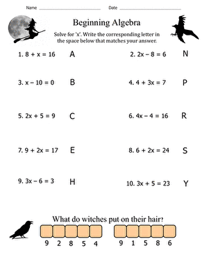 Algebra for Beginners worksheet featuring spooky witch-themed math problems
