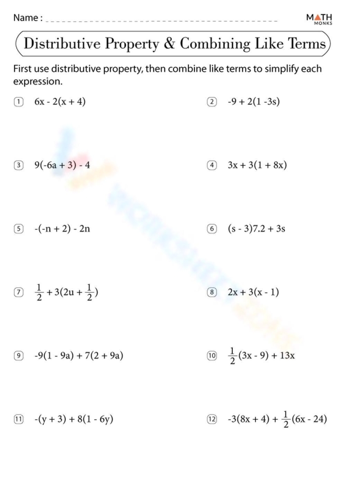 Eighth grade math worksheet focusing on solving algebraic equations by combining like terms