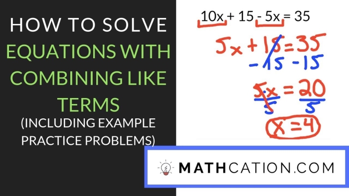 Eighth grade algebra worksheet for practicing solving equations by combining like terms
