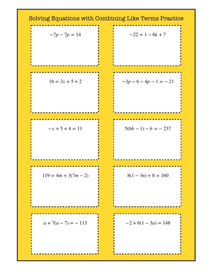 Eighth grade student working through algebra problems combining like terms to solve equations on a worksheet