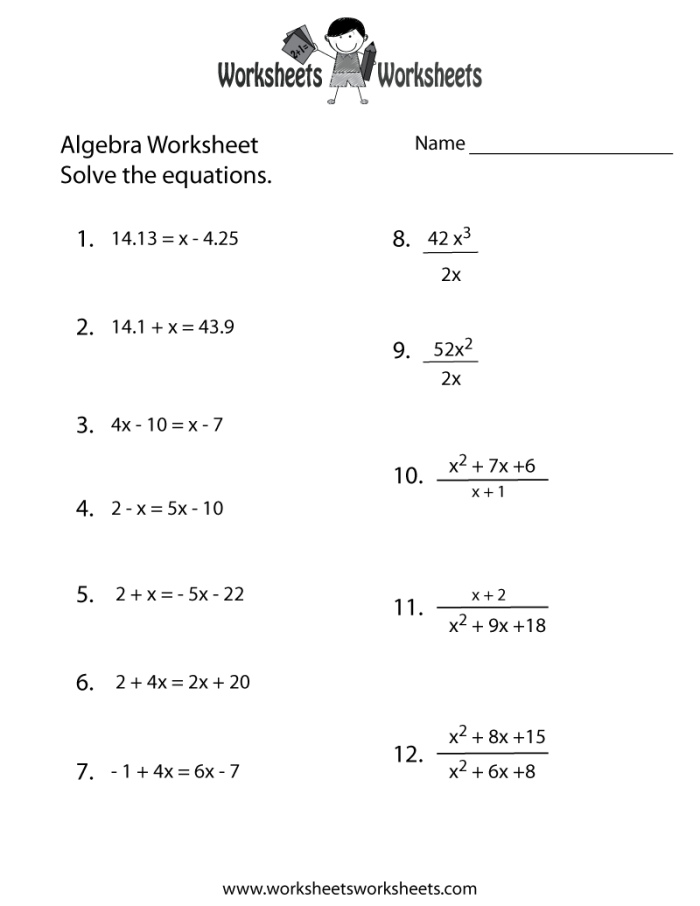 Algebra equations worksheet showing practice problems for solving variables and strengthening fundamental math skills