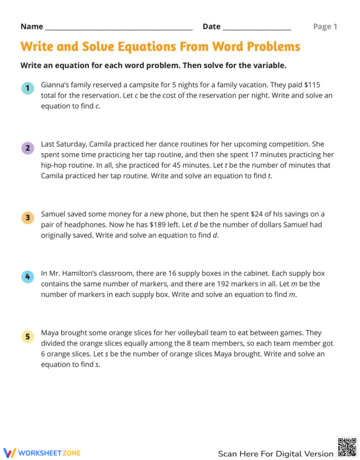 Worksheet featuring mixed operation word problems to help sixth graders write and solve equations. Educational resource for teaching algebraic reasoning in real-world scenarios.
