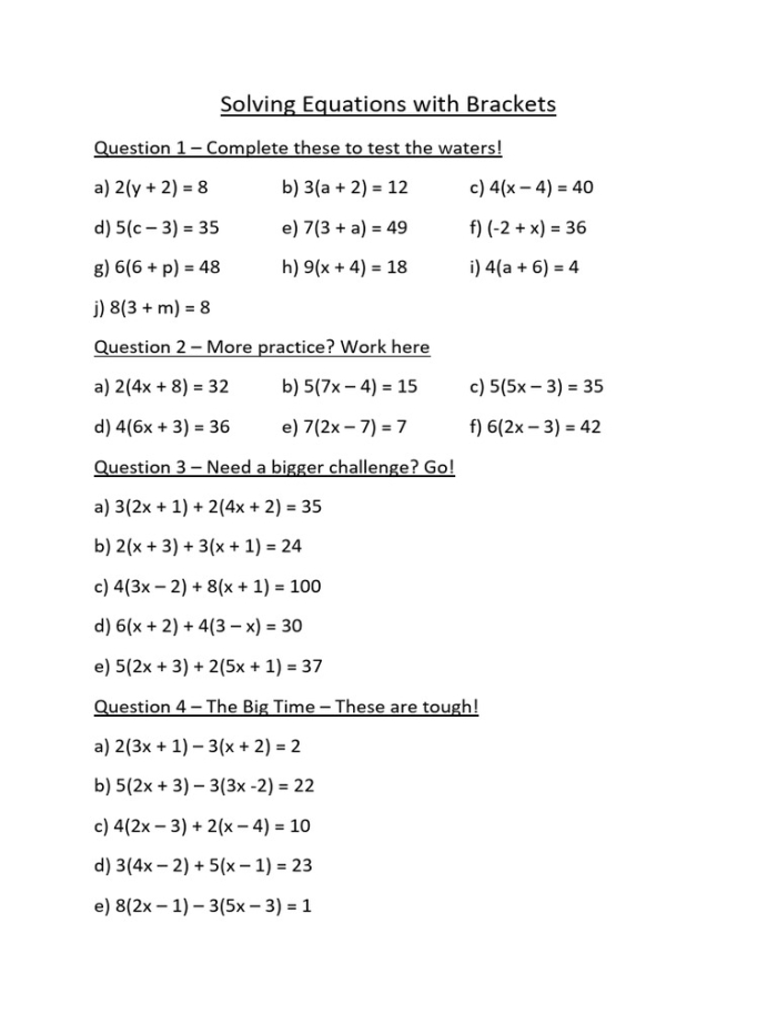 Seventh grade math worksheet featuring algebra problems on solving equations with parentheses through division steps