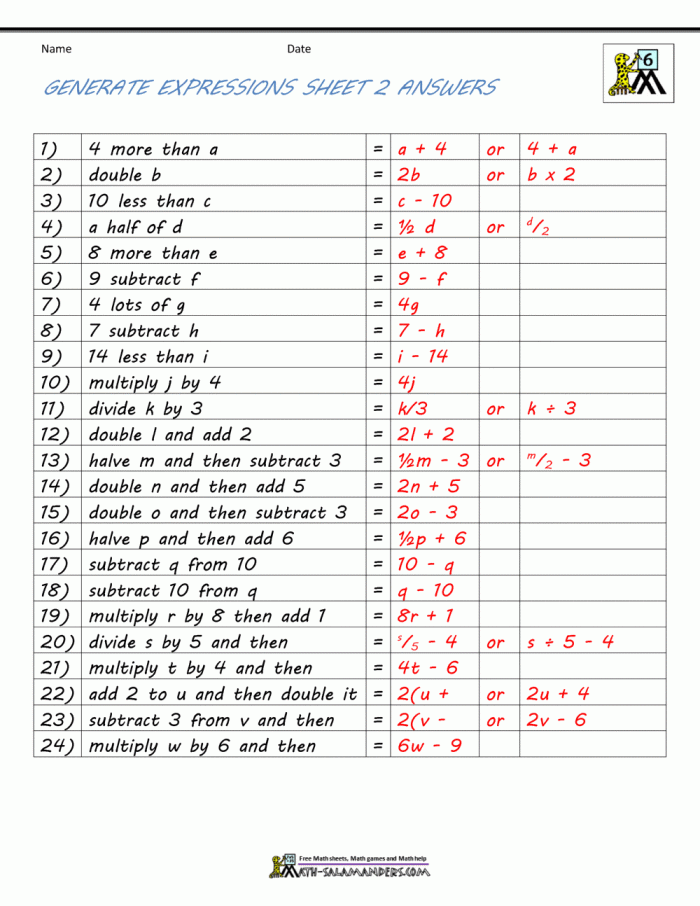 Worksheet showing algebraic equations with variable x for elementary students to solve and practice